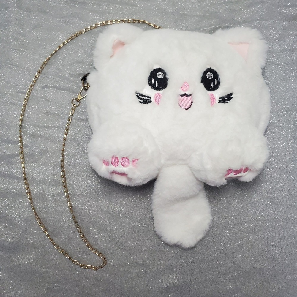 White Plush Kawaii‎ Kitten Cat Crossbody Bag Faux Fur Novelty Purse Gold Chain